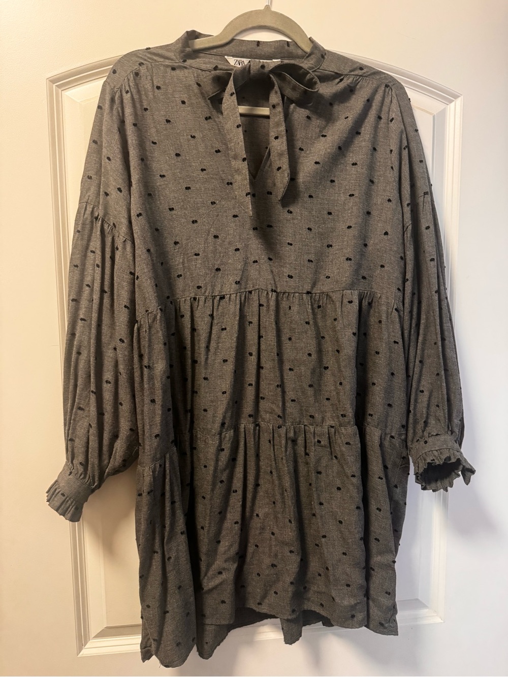 Zara Grey Polka Dot Tie-Neck Tiered Dress